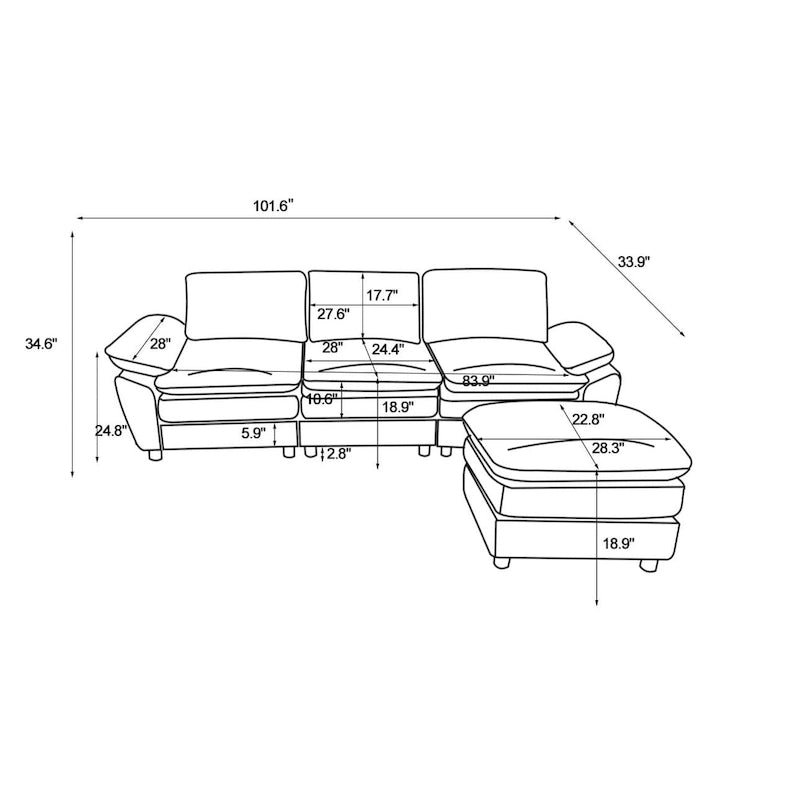 Yellow 101.6 Chenille L-Shaped Sectional Sofa with Ottoman
