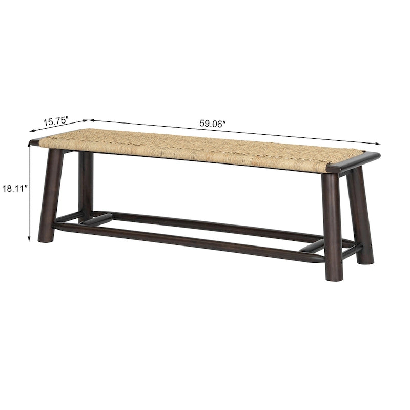 Farmhouse Modern Solid Wood Rattan Bench - 59 Inch Indoor & Covered Outdoor Bench Walnut Finish Multi-Functional Design
