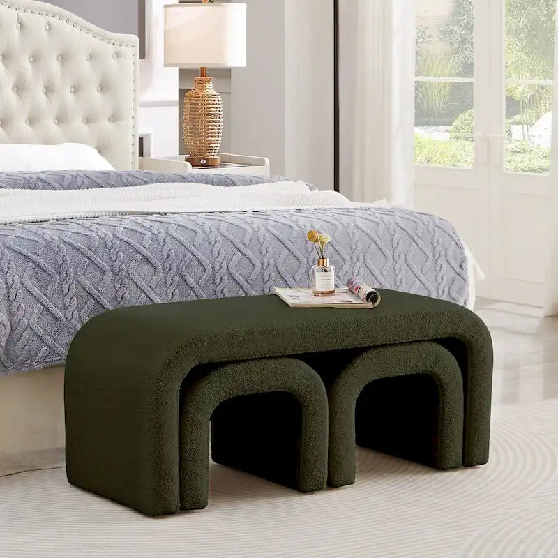 Set of 3 U-Shaped Modern Bench Teddy Ottoman Bench for Entryway, Bedroom End of Bed, Set of 3 Small Sofa Footrest