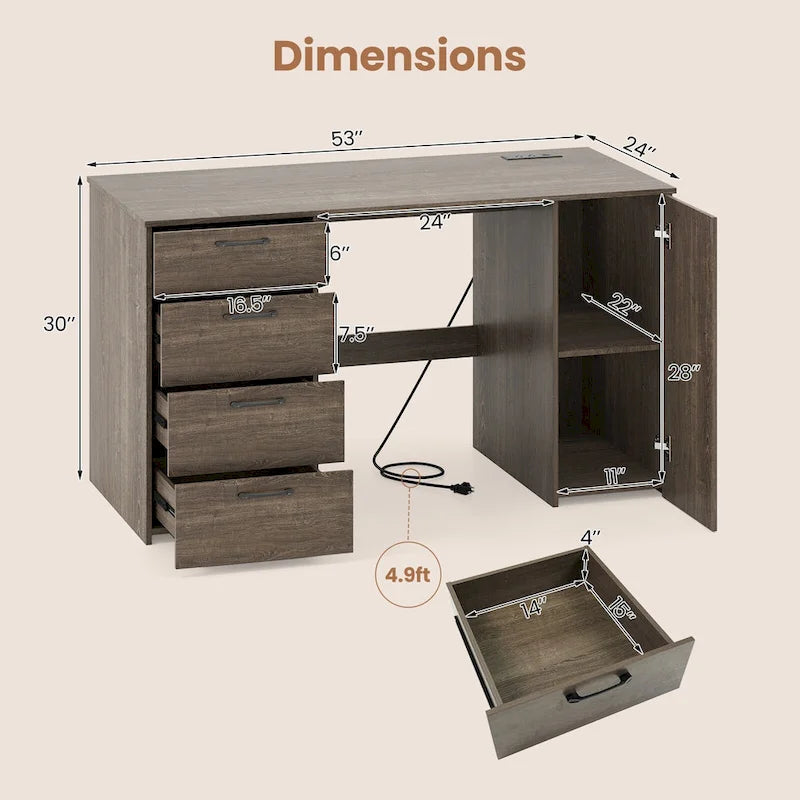 Home Office Desk 53 Inch with USB Ports Outlets and Storage Drawers