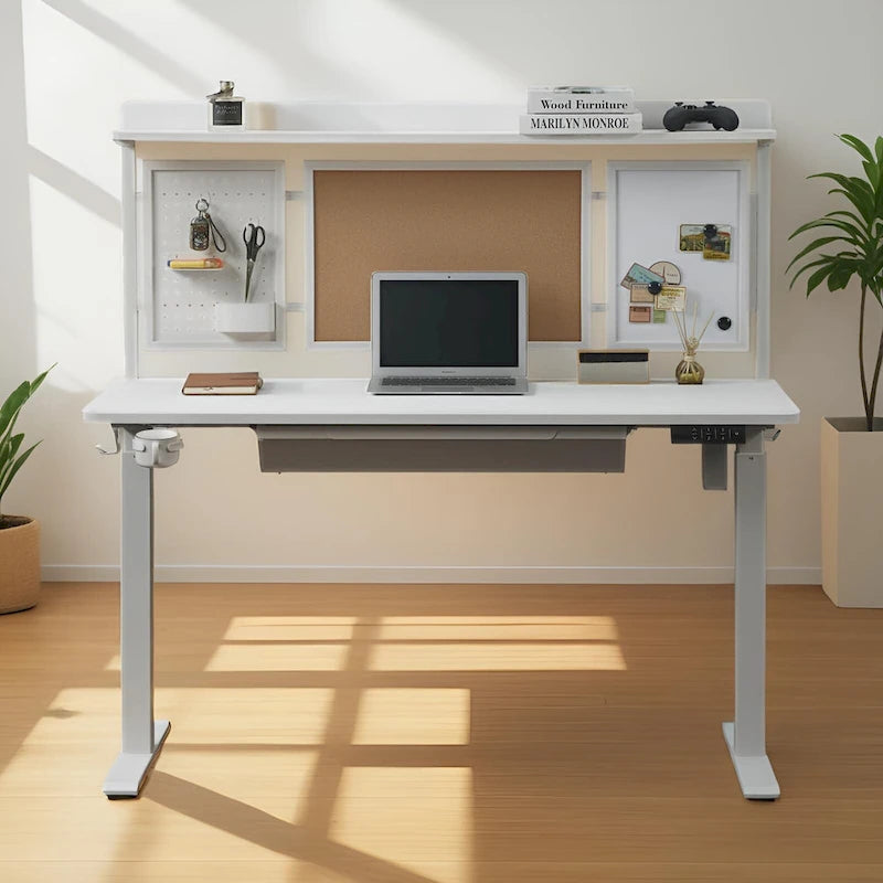 KOWO 55 White Electric Standing Desk w/Drawer & Backboard Height Adjustable Sit Stand Workstation for Home Office