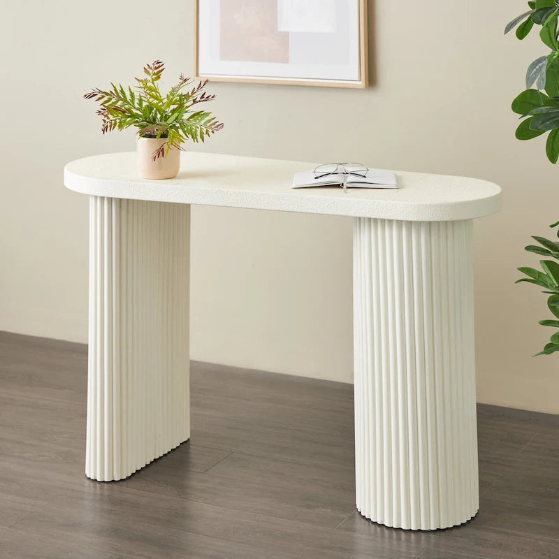 White Oval Console Table with Ribbed Metal Legs