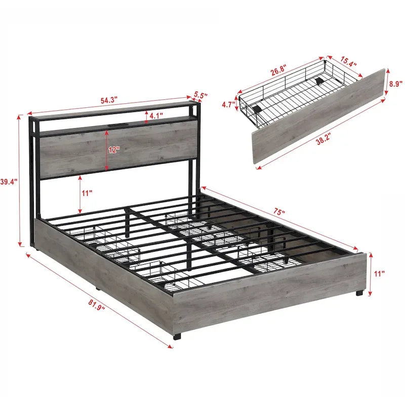 Full Bed Frame Storage Headboard With Charging Station