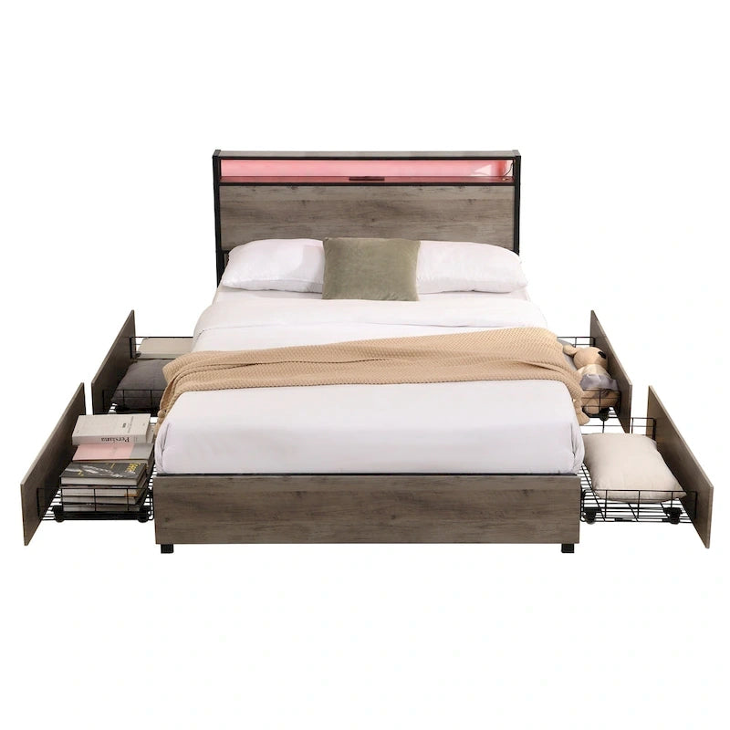Full Bed Frame Storage Headboard With Charging Station