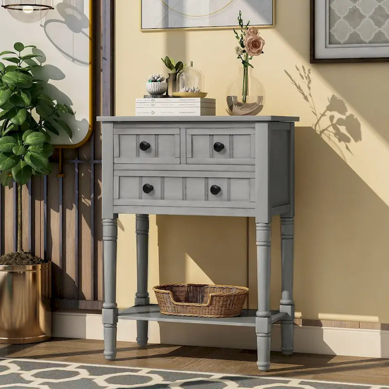 Narrow Console Table, Slim Sofa Table with Three Storage Drawers and Bottom Shelf - 23.7L x 13W x 31.1H