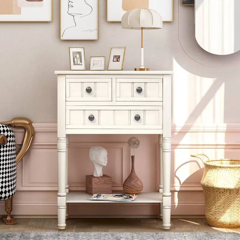 Narrow Console Table, Slim Sofa Table with Three Storage Drawers and Bottom Shelf - 23.7L x 13W x 31.1H