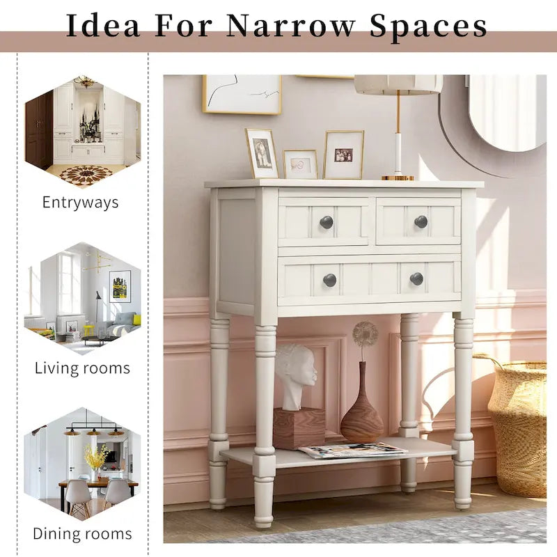 Narrow Console Table, Slim Sofa Table with Three Storage Drawers and Bottom Shelf - 23.7L x 13W x 31.1H