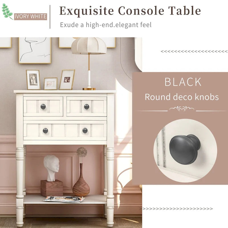 Narrow Console Table, Slim Sofa Table with Three Storage Drawers and Bottom Shelf - 23.7L x 13W x 31.1H