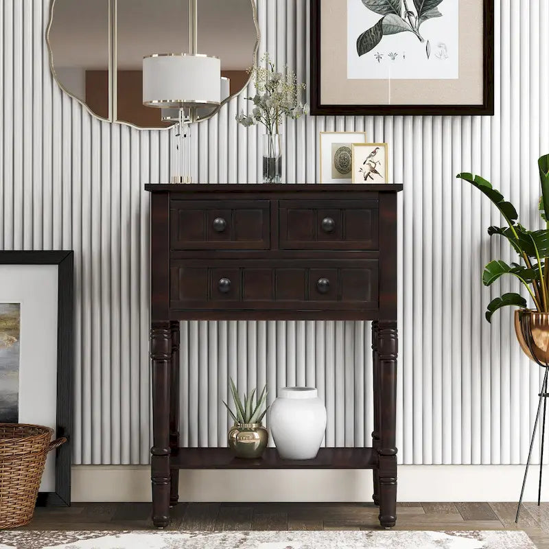Narrow Console Table, Slim Sofa Table with Three Storage Drawers and Bottom Shelf - 23.7L x 13W x 31.1H