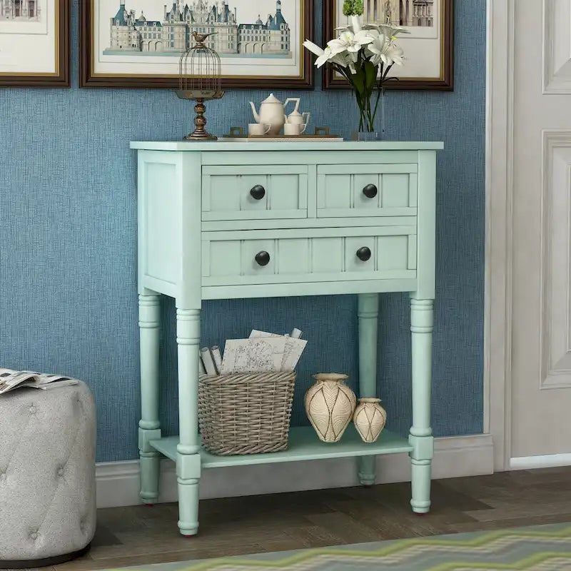 Narrow Console Table, Slim Sofa Table with Three Storage Drawers and Bottom Shelf - 23.7L x 13W x 31.1H