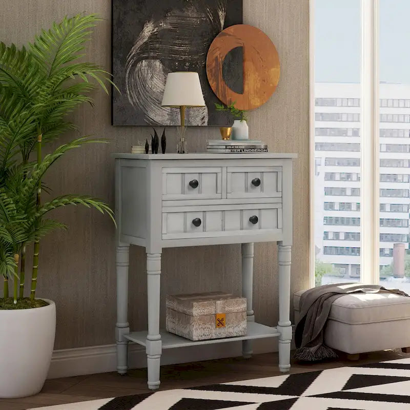 Narrow Console Table, Slim Sofa Table with Three Storage Drawers and Bottom Shelf - 23.7L x 13W x 31.1H