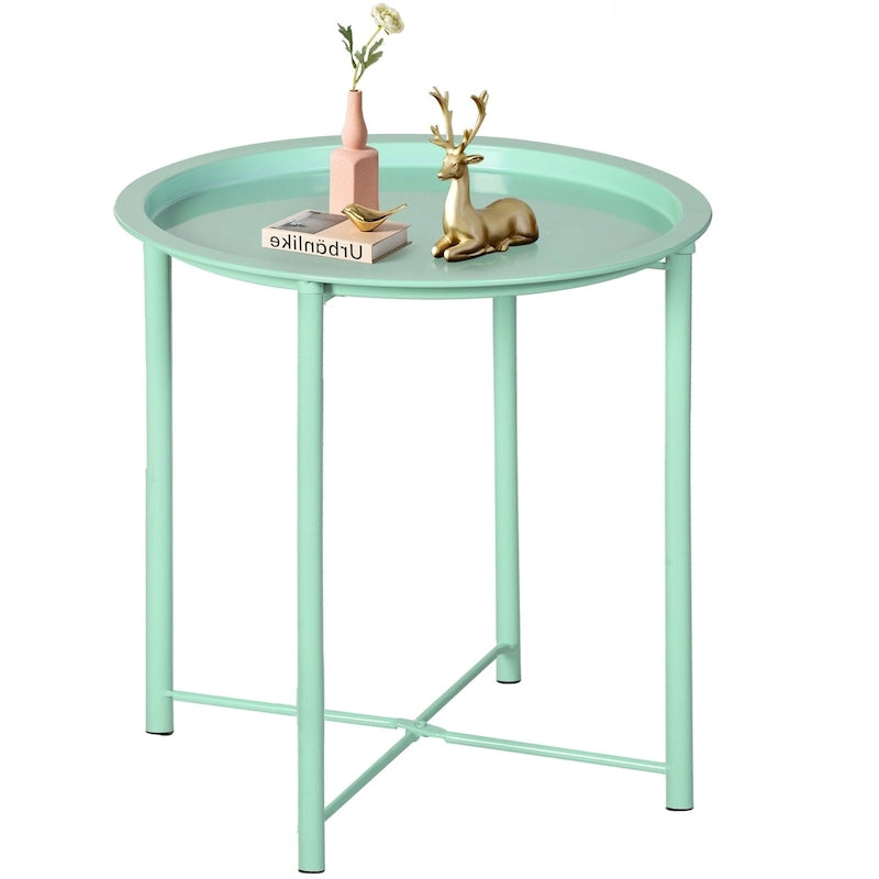Black Folding Round Metal Side Table with Removable Tray