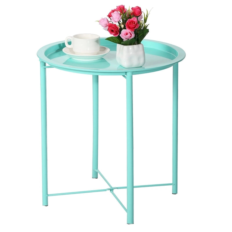 Black Folding Round Metal Side Table with Removable Tray