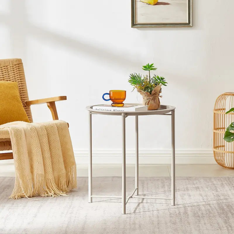 Black Folding Round Metal Side Table with Removable Tray