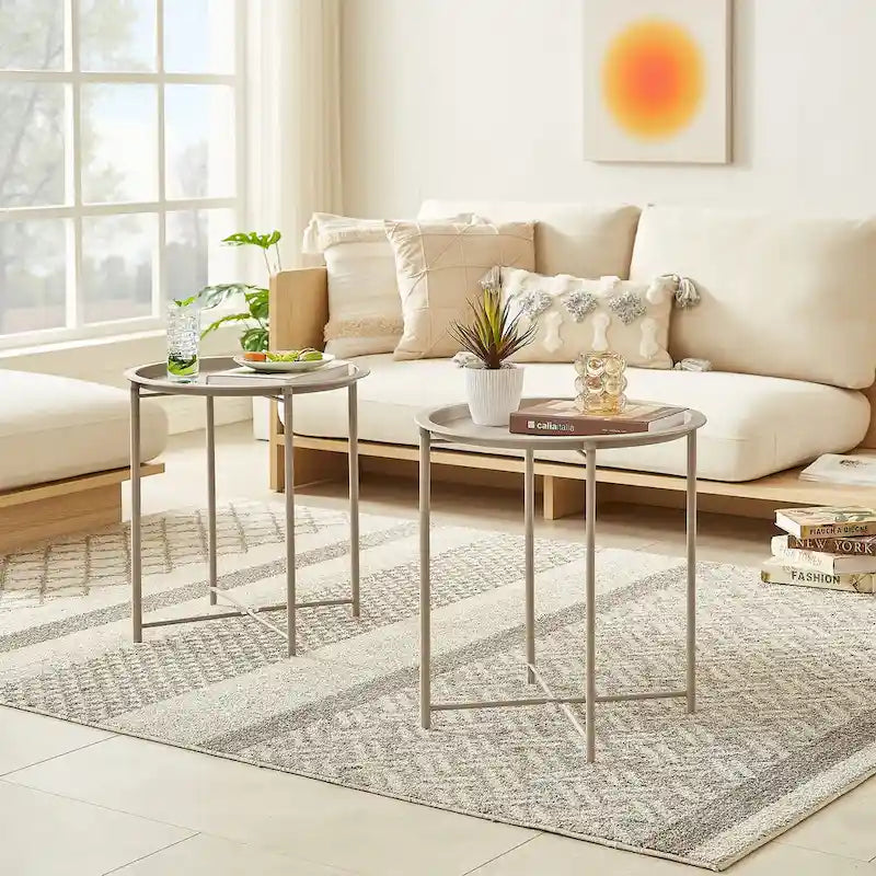 Black Folding Round Metal Side Table with Removable Tray