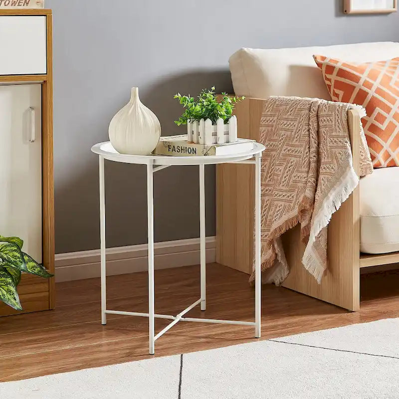 Black Folding Round Metal Side Table with Removable Tray