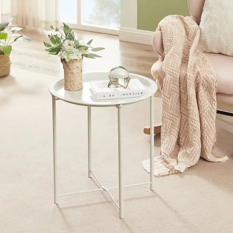 Black Folding Round Metal Side Table with Removable Tray