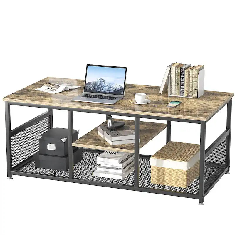 Industrial Rectangle Wood Coffee Table with Storage Shelf, Metal Frame Home Tea Table Desk