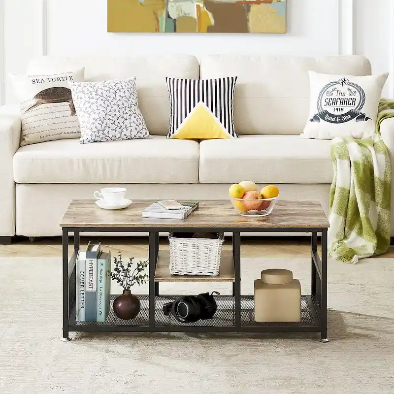 Industrial Rectangle Wood Coffee Table with Storage Shelf, Metal Frame Home Tea Table Desk
