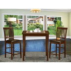 East West Furniture 3 Piece Counter Height Pub Set- a Square Dining Table and 2 Kitchen Chairs, Mahogany(Seat Type Options)