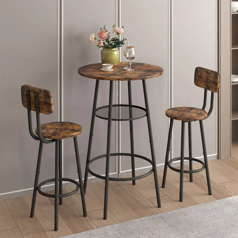 Brown Round Bar Table Set with 2 Stools