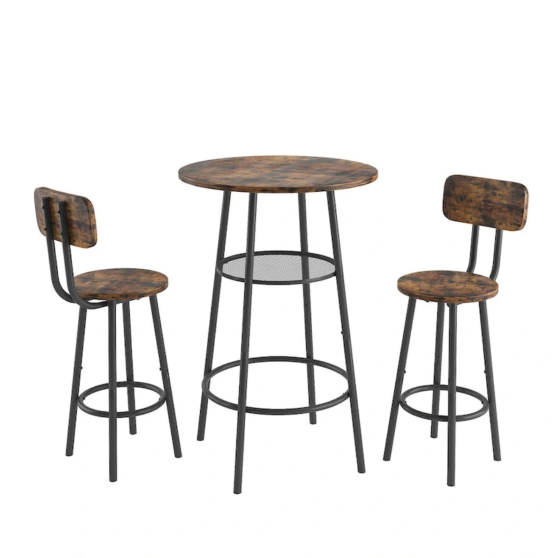 Brown Round Bar Table Set with 2 Stools