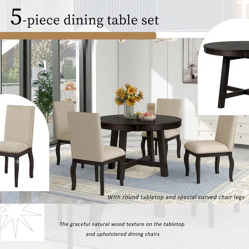 5-Piece Extendable Dining Table Set with Upholstered Chairs