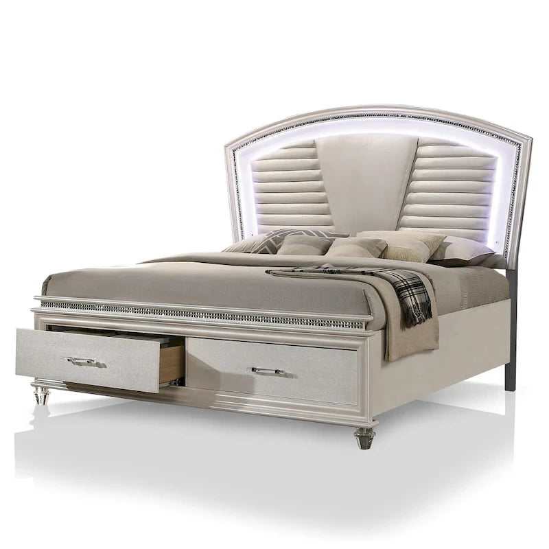 Xian Glam White Solid Wood 3-Piece Platform Bed with Nightstand and Dresser Set with LED by Furniture of America