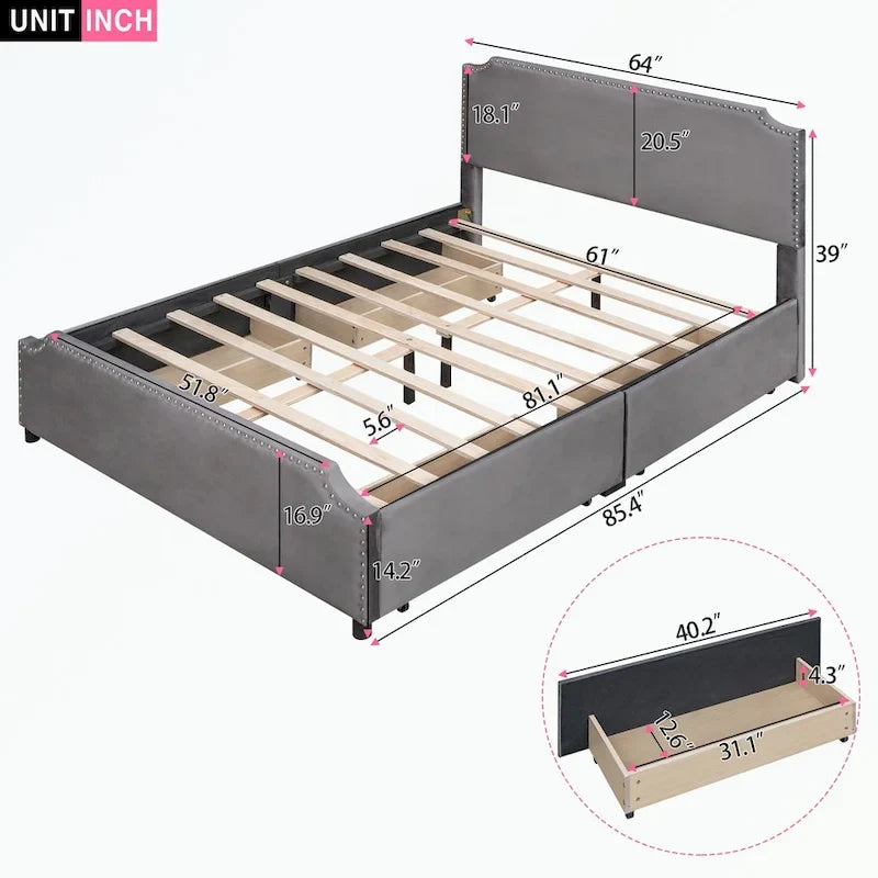 Upholstered Platform Bed with Stud Trim Headboard and Footboard