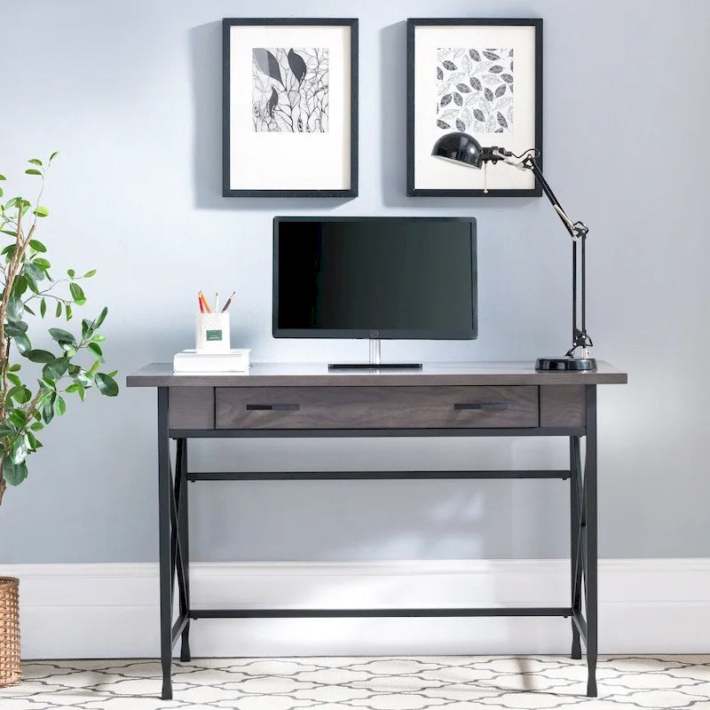 Grey 1 Drawer Metal and Wood Writing/Computer Desk