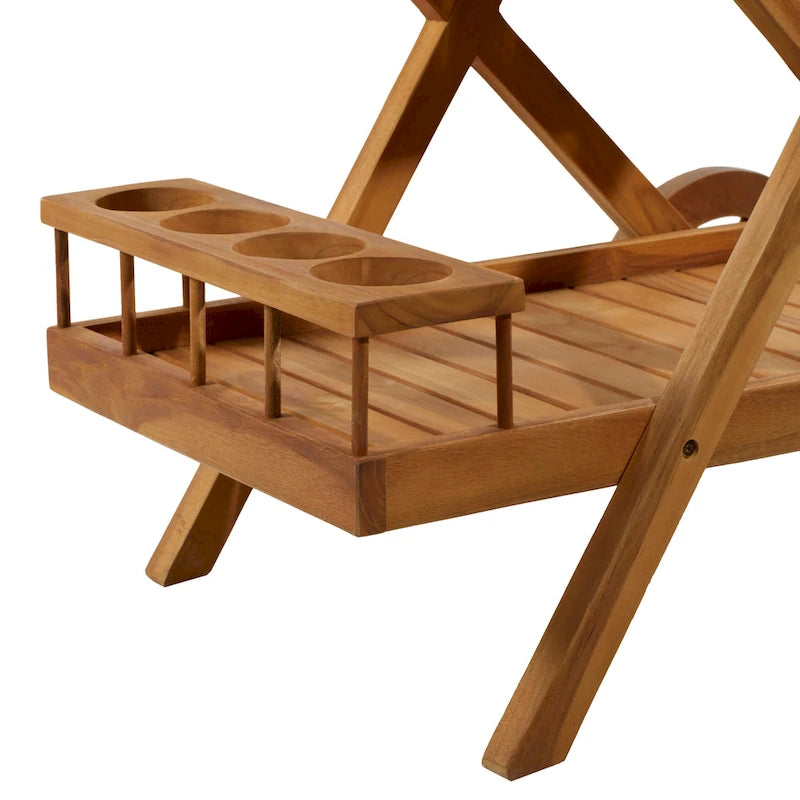 Teak Wood Indoor Outdoor Rolling 2 Shelves Bar Cart with Wheels and Handle - Brown - Roche River Decor - 21W x 32L x 32H