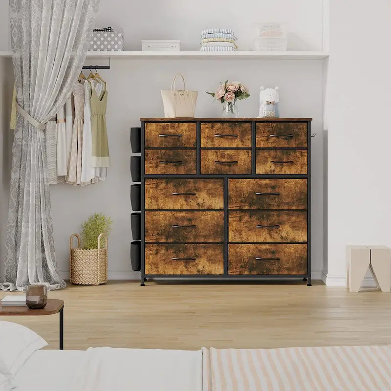 12 Drawer Dresser for Bedroom,Tall Fabric Dresser with Side Pockets and Hooks