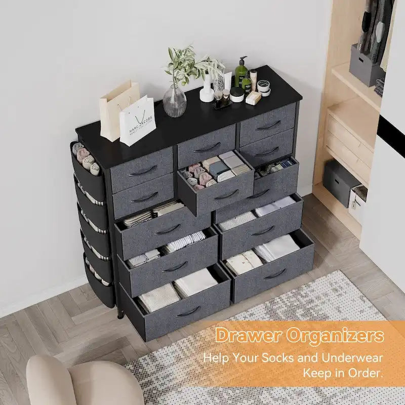 12 Drawer Dresser for Bedroom,Tall Fabric Dresser with Side Pockets and Hooks