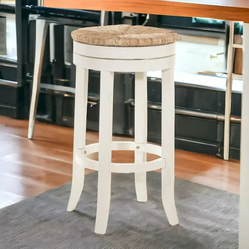 HomeRoots 30 Natural And Antiqued White Solid Wood Swivel Backless Bar Height Bar Chair With Footrest - 19.5
