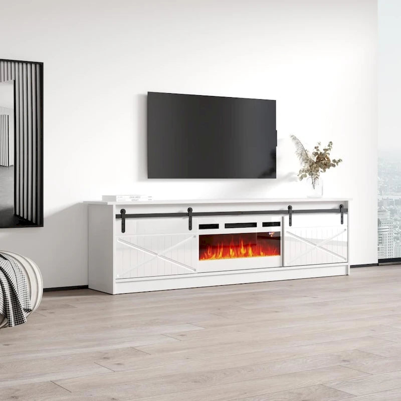 White 79" TV Stand with Electric Fireplace for up to 90" TVs