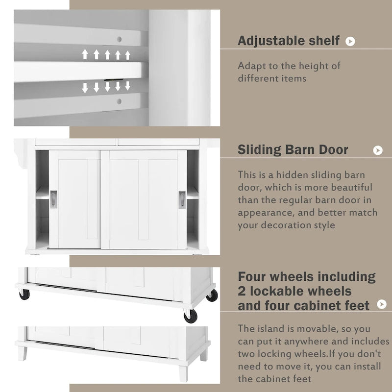 Kitchen Cart Featuring Rubber Wood Drop-Leaf Countertop, Adjustable Height, and Concealed Sliding Barn Door Storage