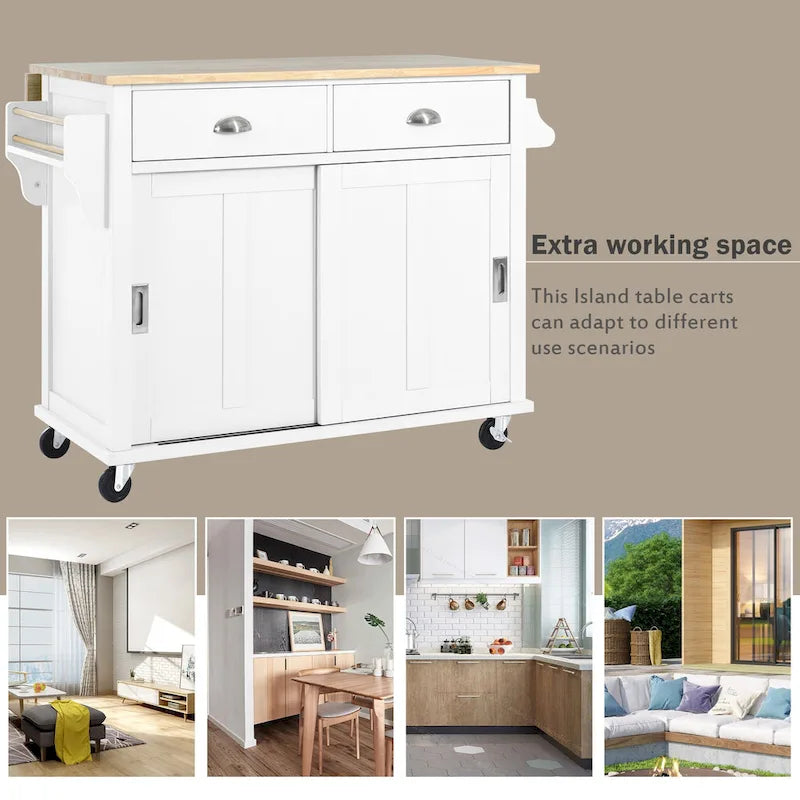 Kitchen Cart Featuring Rubber Wood Drop-Leaf Countertop, Adjustable Height, and Concealed Sliding Barn Door Storage