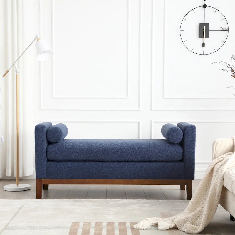 Beige Boucle Upholstered Bench with Fluted Wood Legs