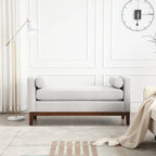 Beige Boucle Upholstered Bench with Fluted Wood Legs