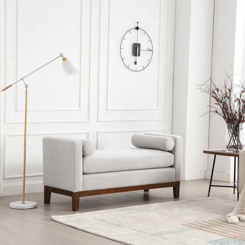 Beige Boucle Upholstered Bench with Fluted Wood Legs