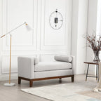 Beige Boucle Upholstered Bench with Fluted Wood Legs