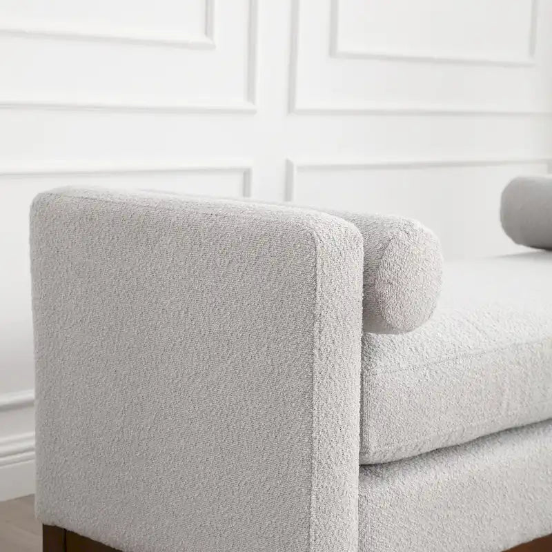 Beige Boucle Upholstered Bench with Fluted Wood Legs