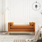 Beige Boucle Upholstered Bench with Fluted Wood Legs