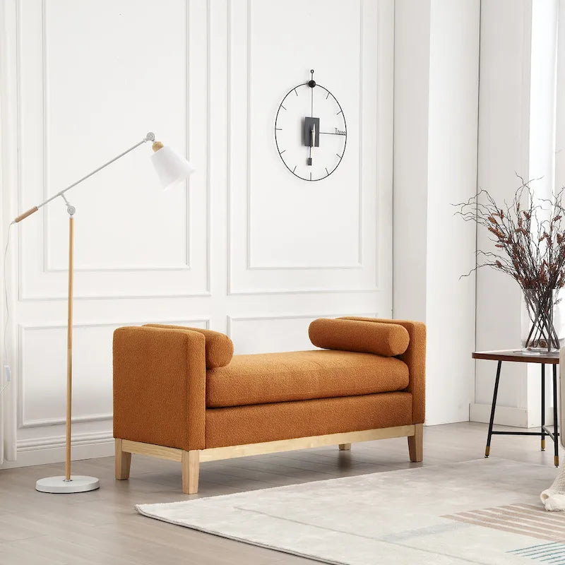 Beige Boucle Upholstered Bench with Fluted Wood Legs