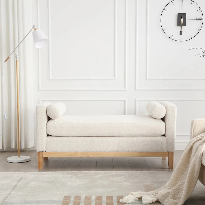 Beige Boucle Upholstered Bench with Fluted Wood Legs