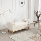 Beige Boucle Upholstered Bench with Fluted Wood Legs