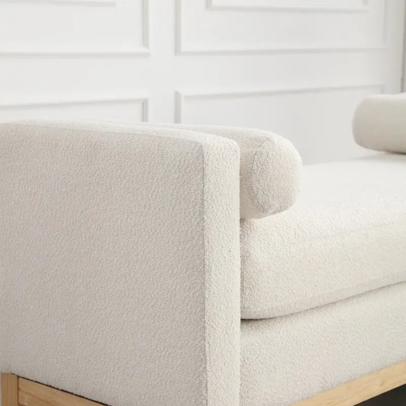 Beige Boucle Upholstered Bench with Fluted Wood Legs