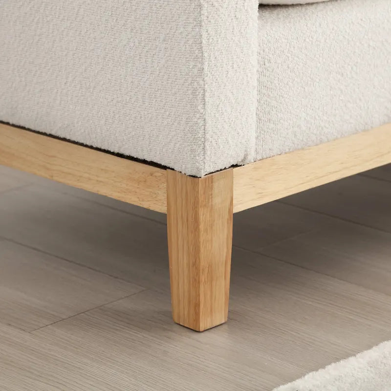Beige Boucle Upholstered Bench with Fluted Wood Legs