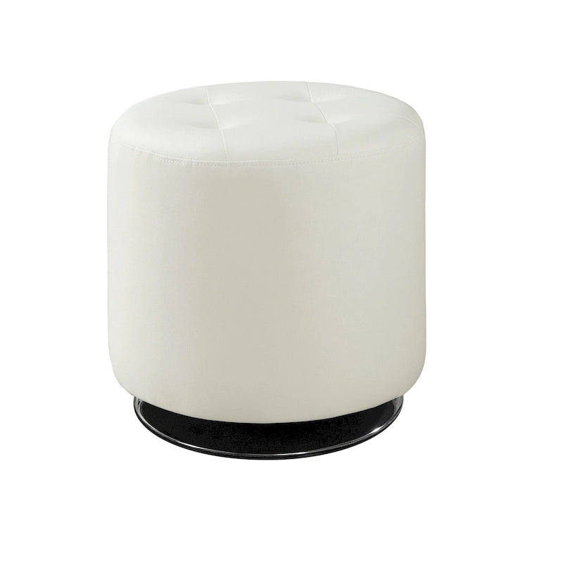 White Tufted Round Ottoman with Chrome Base