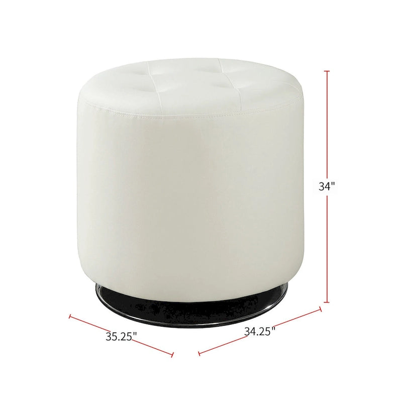 White Tufted Round Ottoman with Chrome Base
